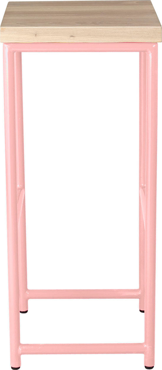 Pink metal stool with whitewash stain ash wood made in UK - side view round frame