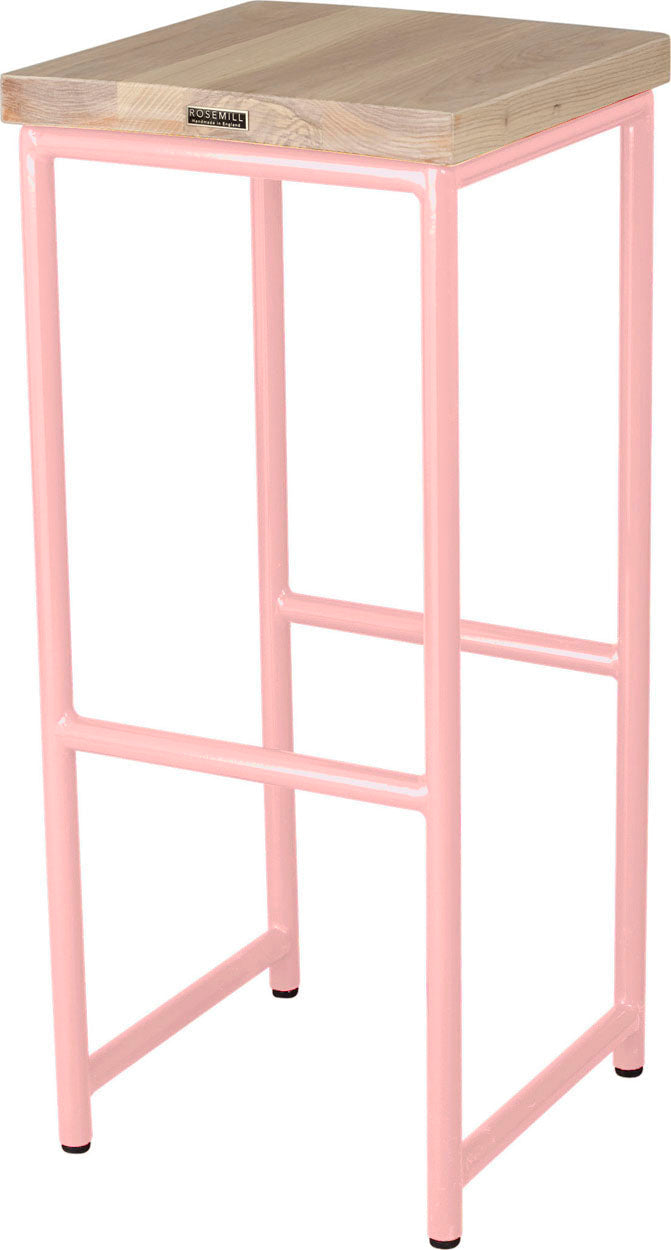 Pink metal stool with whitewash stain ash wood made in UK - back side view round frame