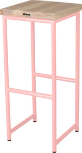Pink metal stool with whitewash stain ash wood made in UK - back side view round frame