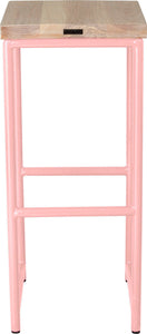 Pink metal stool with whitewash stain ash wood made in UK - back view round frame