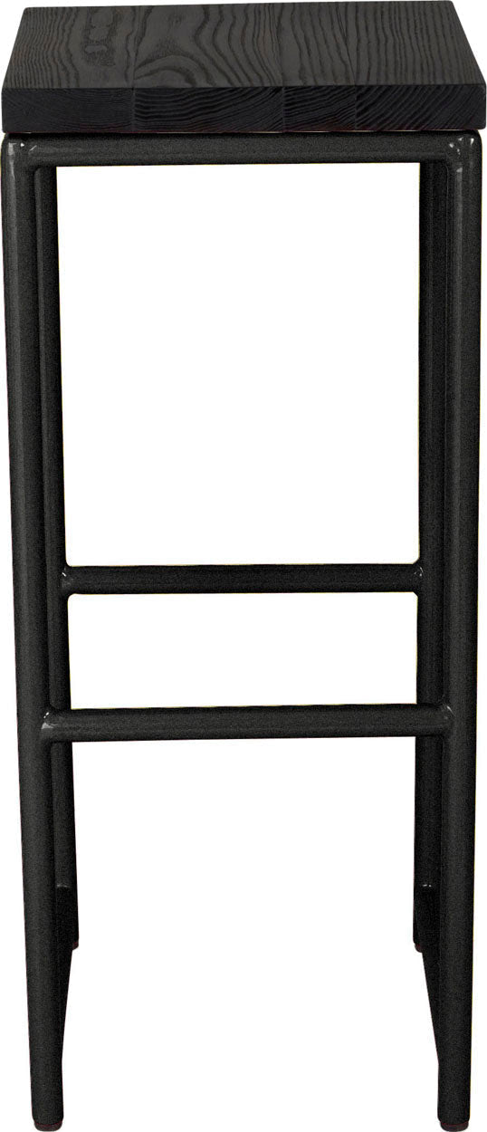 Gloss black metal stool with black stain ash wood made in UK - front view round frame