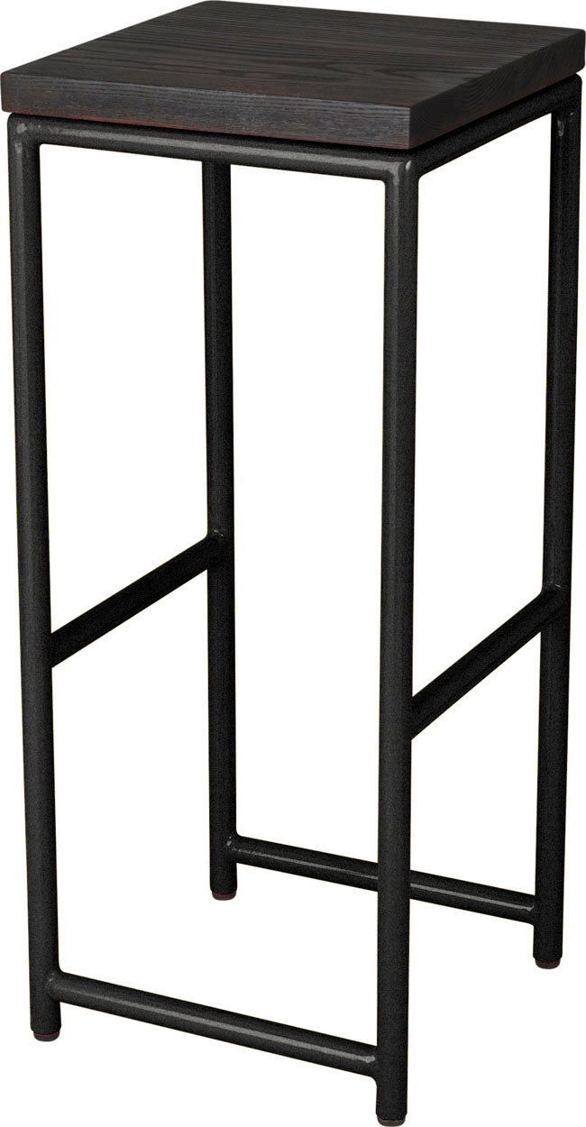 Gloss black metal stool with black stain ash wood made in UK - angle view round frame