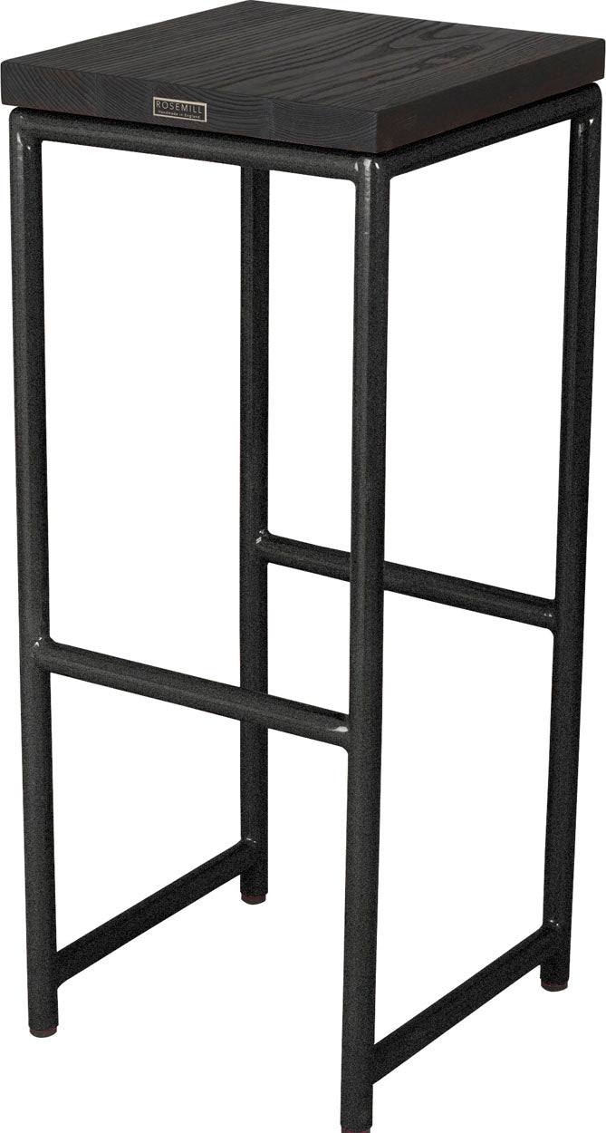 Gloss black metal stool with black stain ash wood made in UK - back side view round frame