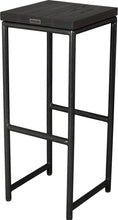 Load image into Gallery viewer, Gloss black metal stool with black stain ash wood made in UK - back side view round frame
