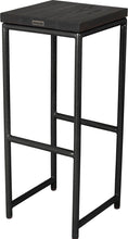 Load image into Gallery viewer, Gloss black metal stool with black stain ash wood made in UK - back side view round frame
