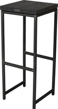 Load image into Gallery viewer, Gloss black metal stool with black stain ash wood made in UK - back side view round frame
