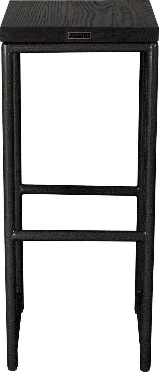 Gloss black metal stool with black stain ash wood made in UK - back view round frame