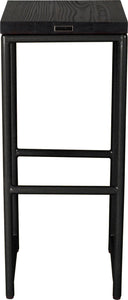 Gloss black metal stool with black stain ash wood made in UK - back view round frame