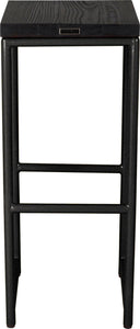 Gloss black metal stool with black stain ash wood made in UK - back view round frame