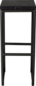 Gloss black metal stool with black stain ash wood made in UK - back view round frame