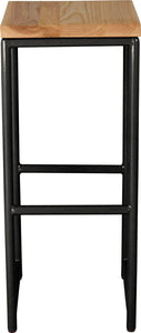 Gloss black metal stool with natural stain ash wood made in UK - front view round frame