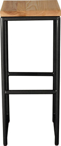 Gloss black metal stool with natural stain ash wood made in UK - front view round frame