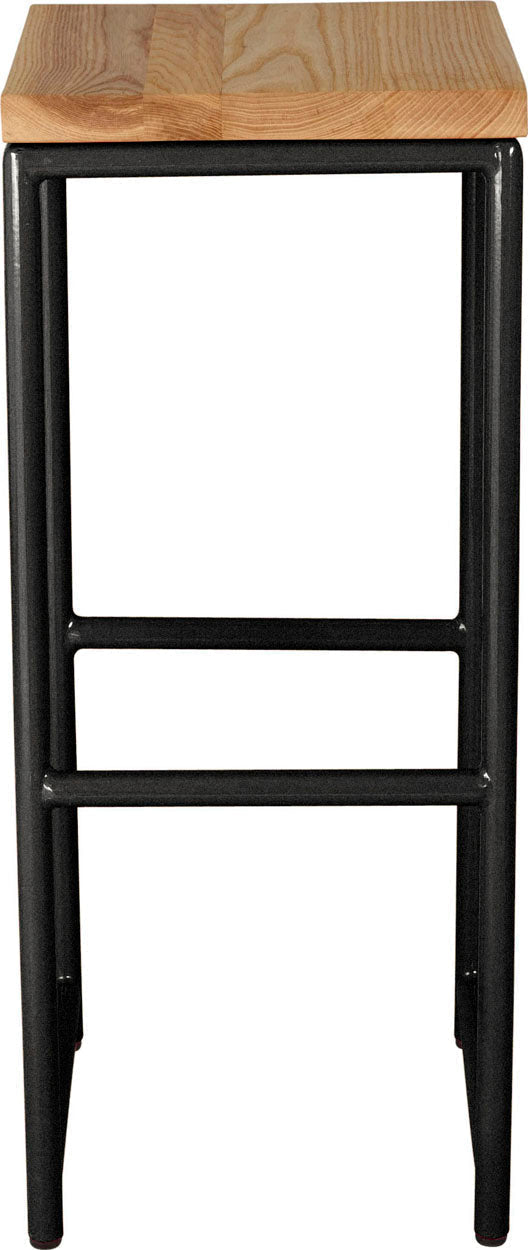 Gloss black metal stool with natural stain ash wood made in UK - front view round frame