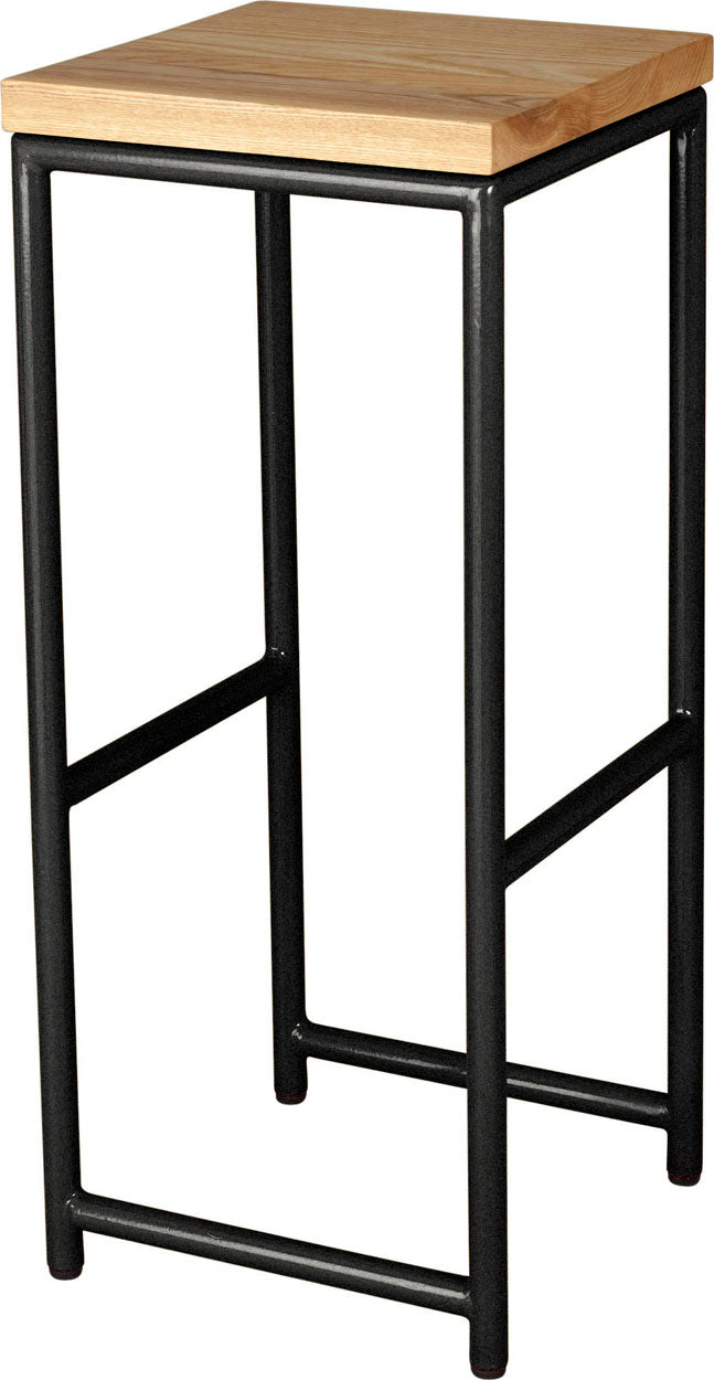 Gloss black metal stool with natural stain ash wood made in UK - angle view round frame