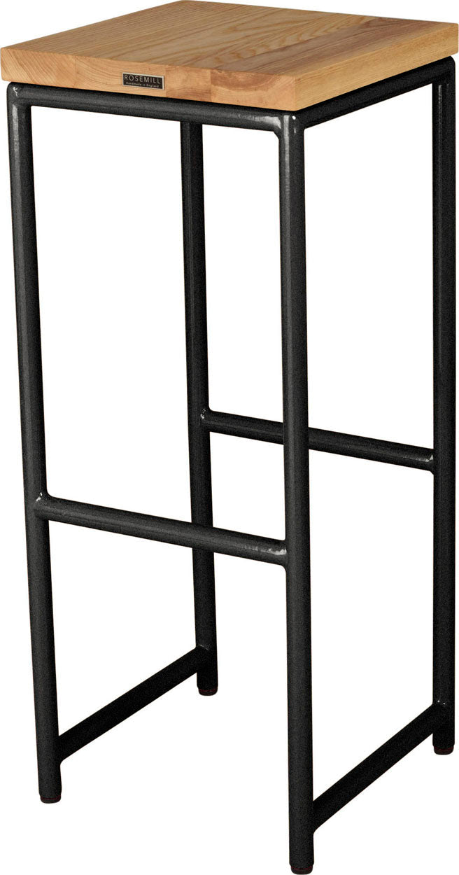 Gloss black metal stool with natural stain ash wood made in UK - back side view round frame