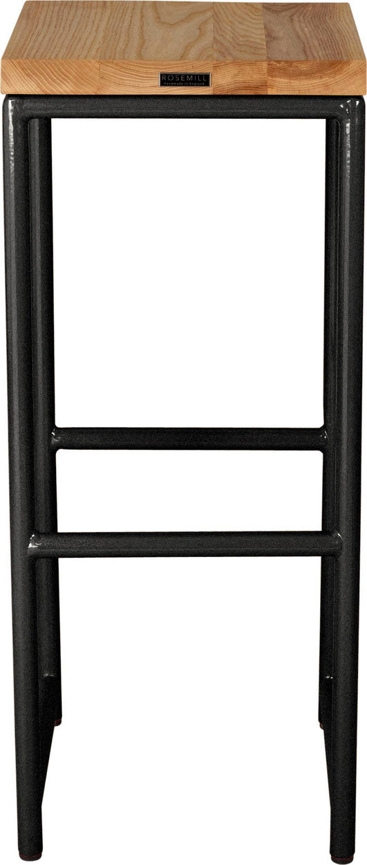 Gloss black metal stool with natural stain ash wood made in UK - back view round frame