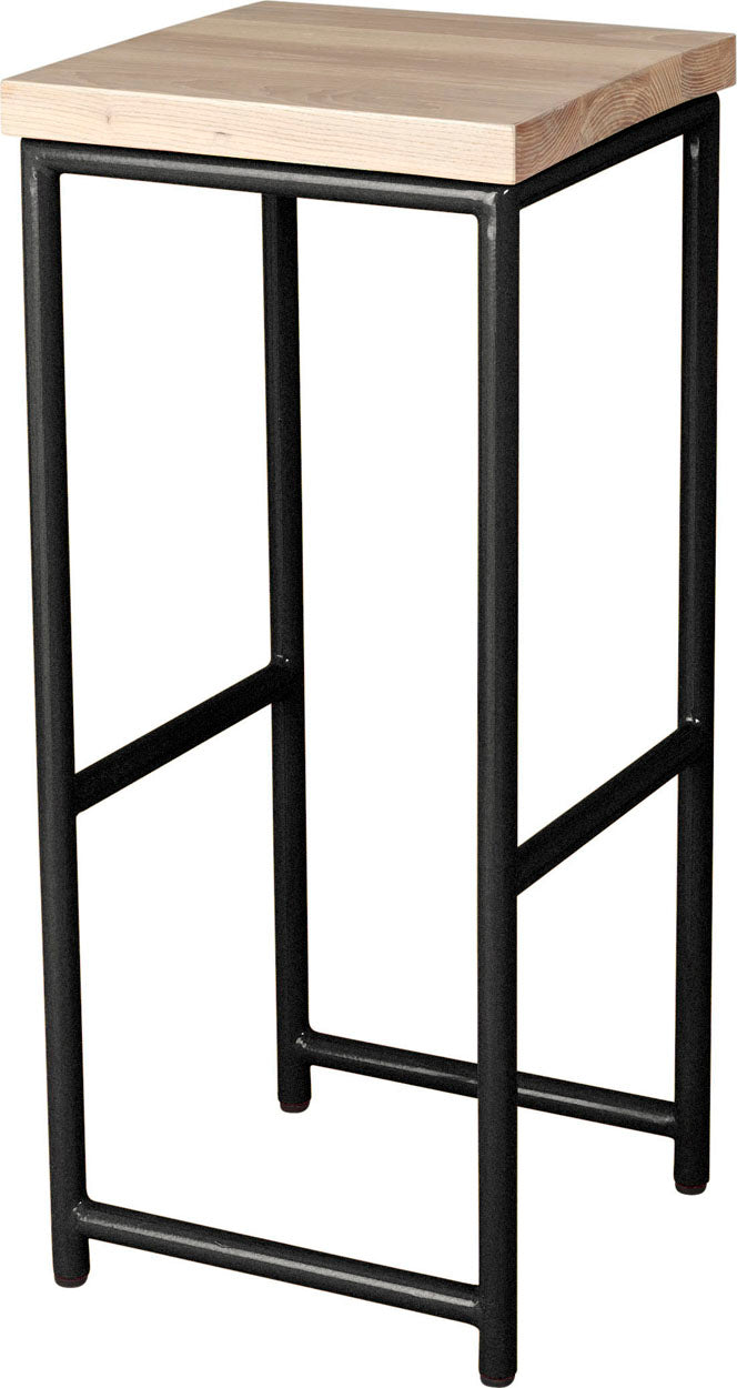 Gloss black metal stool with whitewash stain ash wood made in UK - angle view round frame