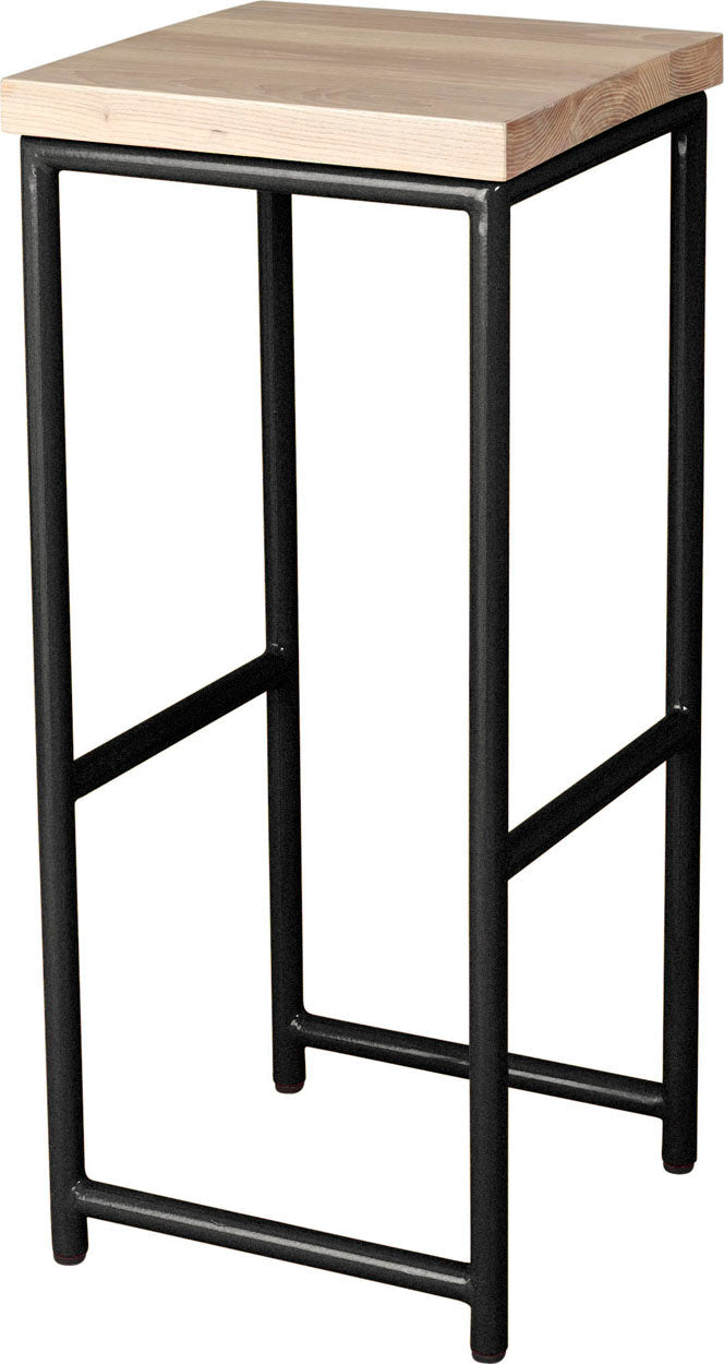 Gloss black metal stool with whitewash stain ash wood made in UK - angle view round frame