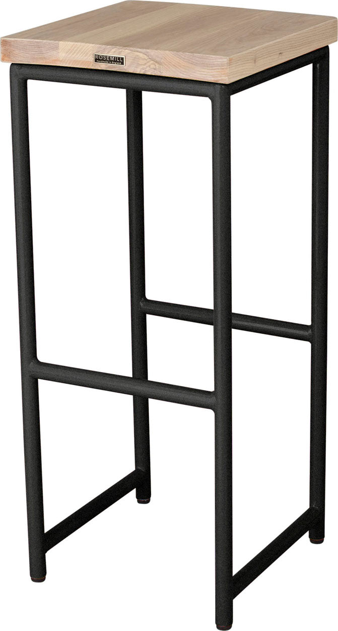 Gloss black metal stool with whitewash stain ash wood made in UK - back side view round frame