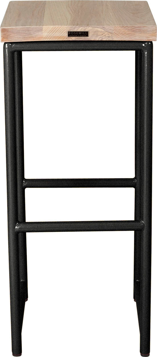 Gloss black metal stool with whitewash stain ash wood made in UK - back view round frame