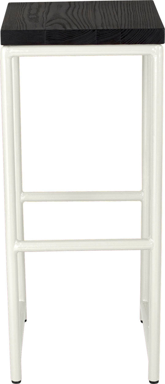 Gloss white metal stool with black stain ash wood made in UK - front view round frame