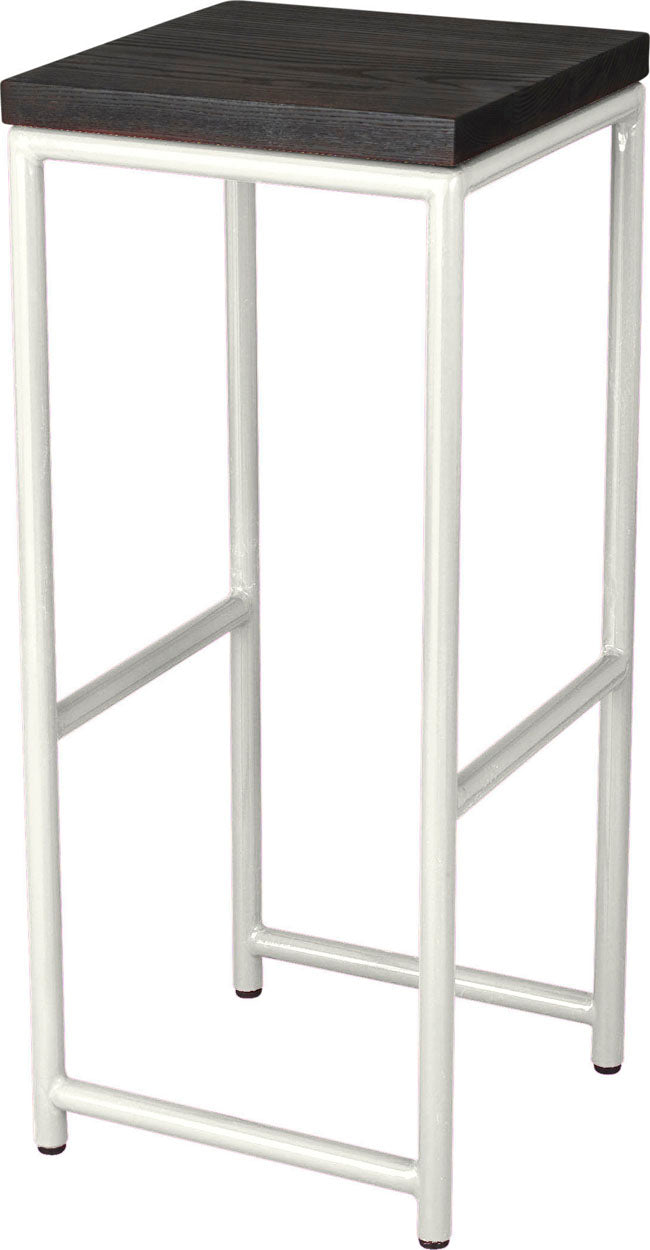 Gloss white metal stool with black stain ash wood made in UK - angle view round frame