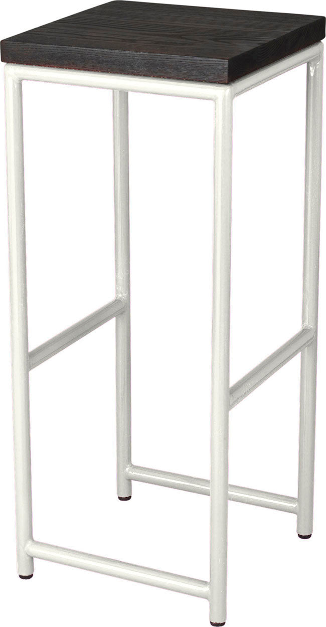 Gloss white metal stool with black stain ash wood made in UK - angle view round frame