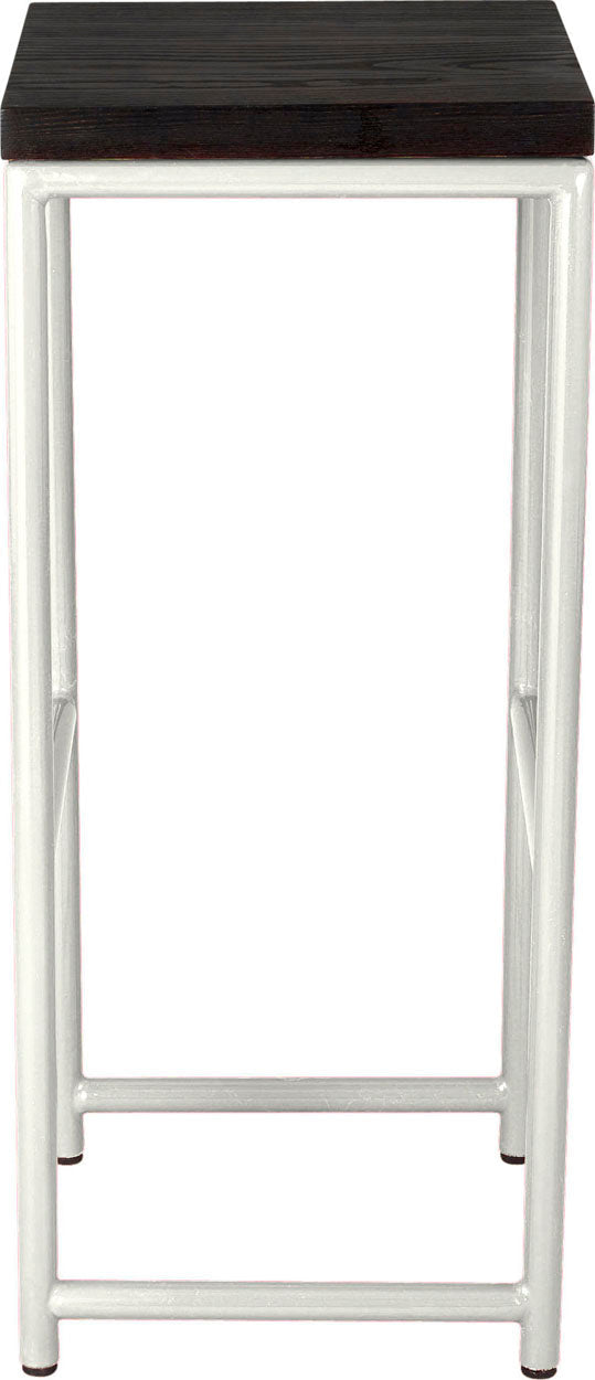 Gloss white metal stool with black stain ash wood made in UK - side view round frame