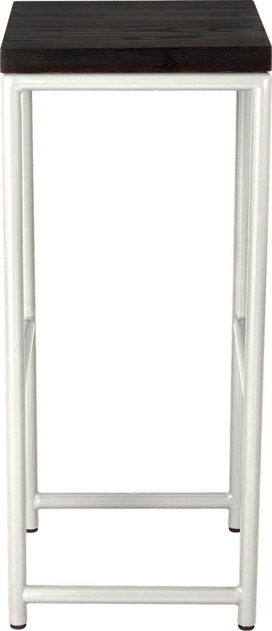 Gloss white metal stool with black stain ash wood made in UK - side view round frame