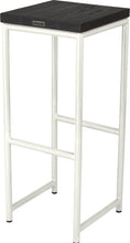 Load image into Gallery viewer, Gloss white metal stool with black stain ash wood made in UK - back side view round frame
