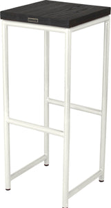 Gloss white metal stool with black stain ash wood made in UK - back side view round frame