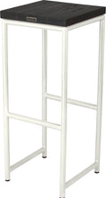 Load image into Gallery viewer, Gloss white metal stool with black stain ash wood made in UK - back side view round frame
