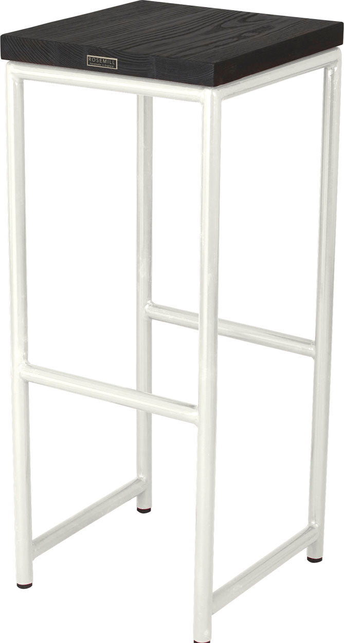 Gloss white metal stool with black stain ash wood made in UK - back side view round frame
