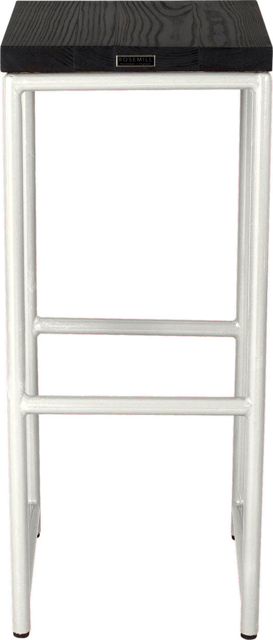 Gloss white metal stool with black stain ash wood made in UK - back view round frame