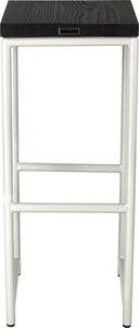 Gloss white metal stool with black stain ash wood made in UK - back view round frame