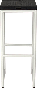 Gloss white metal stool with black stain ash wood made in UK - back view round frame