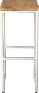 Gloss white metal stool with natural stain ash wood made in UK - front view round frame