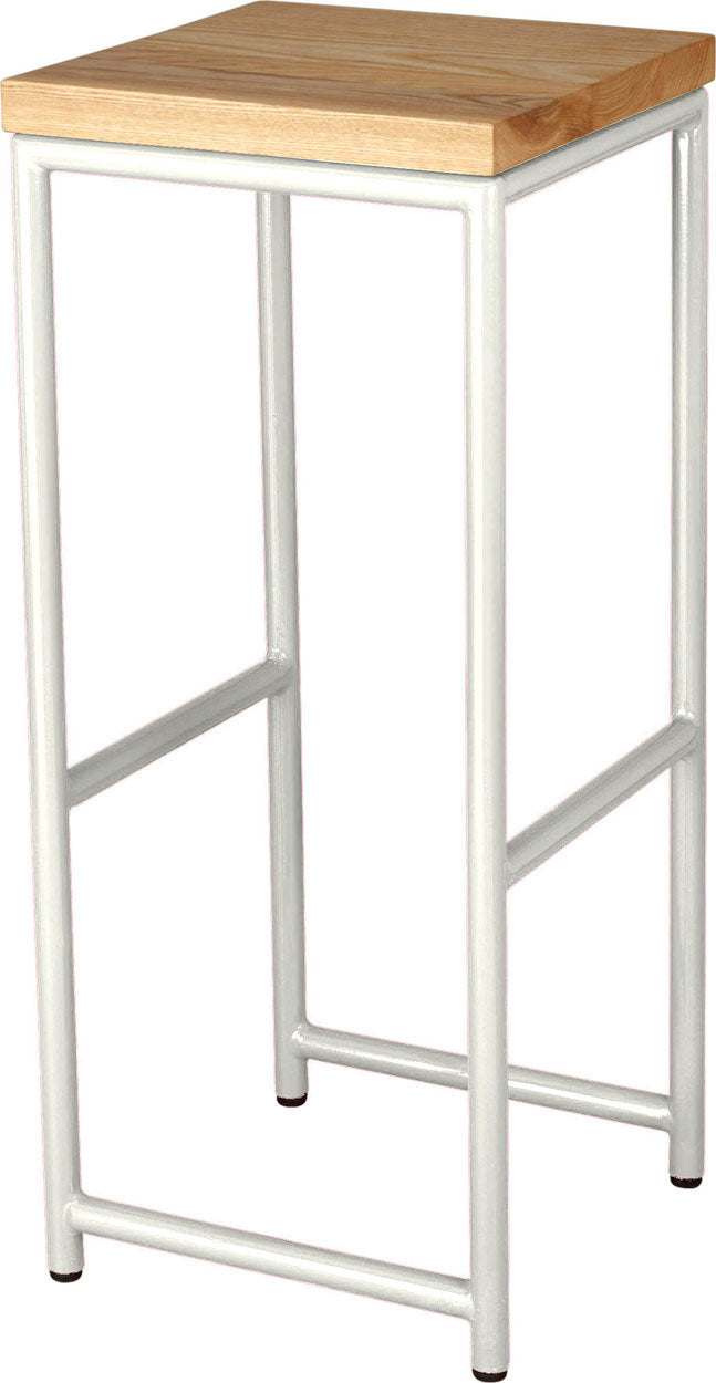 Gloss white metal stool with natural stain ash wood made in UK - angle view round frame