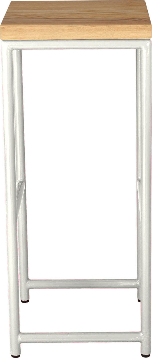 Gloss white metal stool with natural stain ash wood made in UK - side view round frame