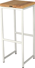Load image into Gallery viewer, Gloss white metal stool with natural stain ash wood made in UK - back side view round frame
