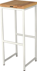 Gloss white metal stool with natural stain ash wood made in UK - back side view round frame