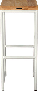 Gloss white metal stool with natural stain ash wood made in UK - back view round frame