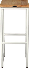 Load image into Gallery viewer, Gloss white metal stool with natural stain ash wood made in UK - back view round frame
