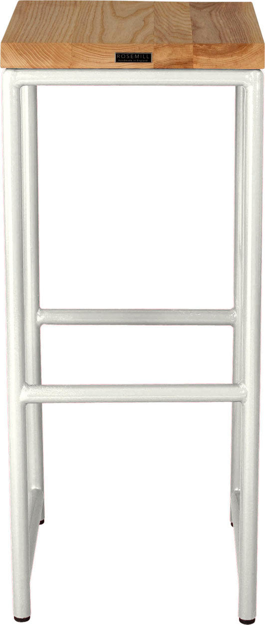 Gloss white metal stool with natural stain ash wood made in UK - back view round frame