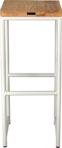 Gloss white metal stool with natural stain ash wood made in UK - back view round frame