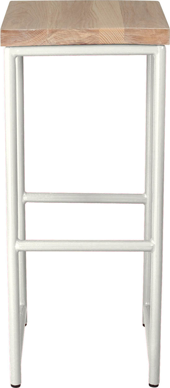 Gloss white metal stool with whitewash stain ash wood made in UK - front view round frame