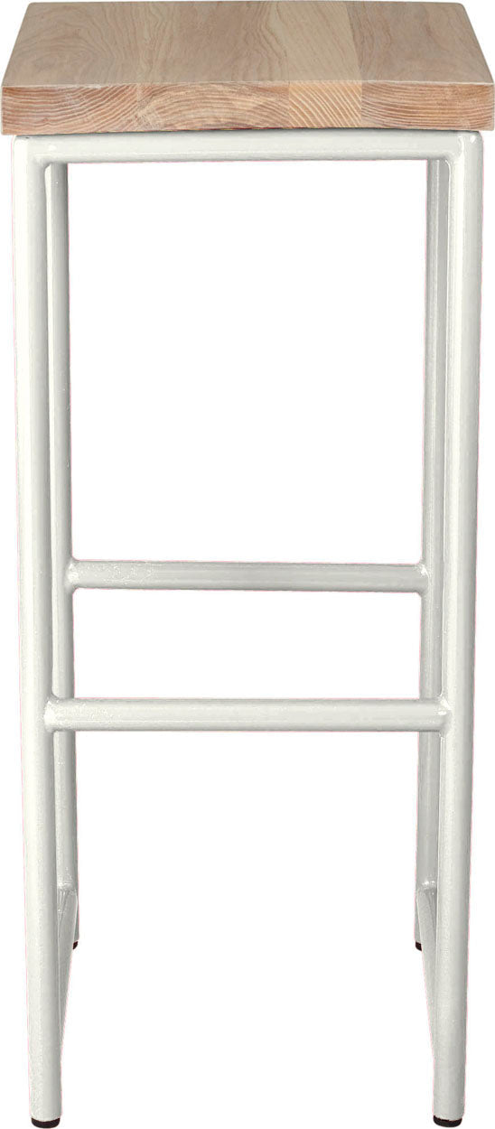 Gloss white metal stool with whitewash stain ash wood made in UK - front view round frame