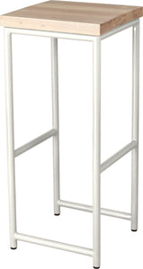 Gloss white metal stool with whitewash stain ash wood made in UK - angle view round frame