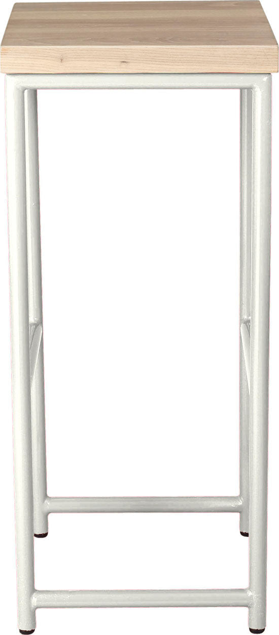 Gloss white metal stool with whitewash stain ash wood made in UK - side view round frame