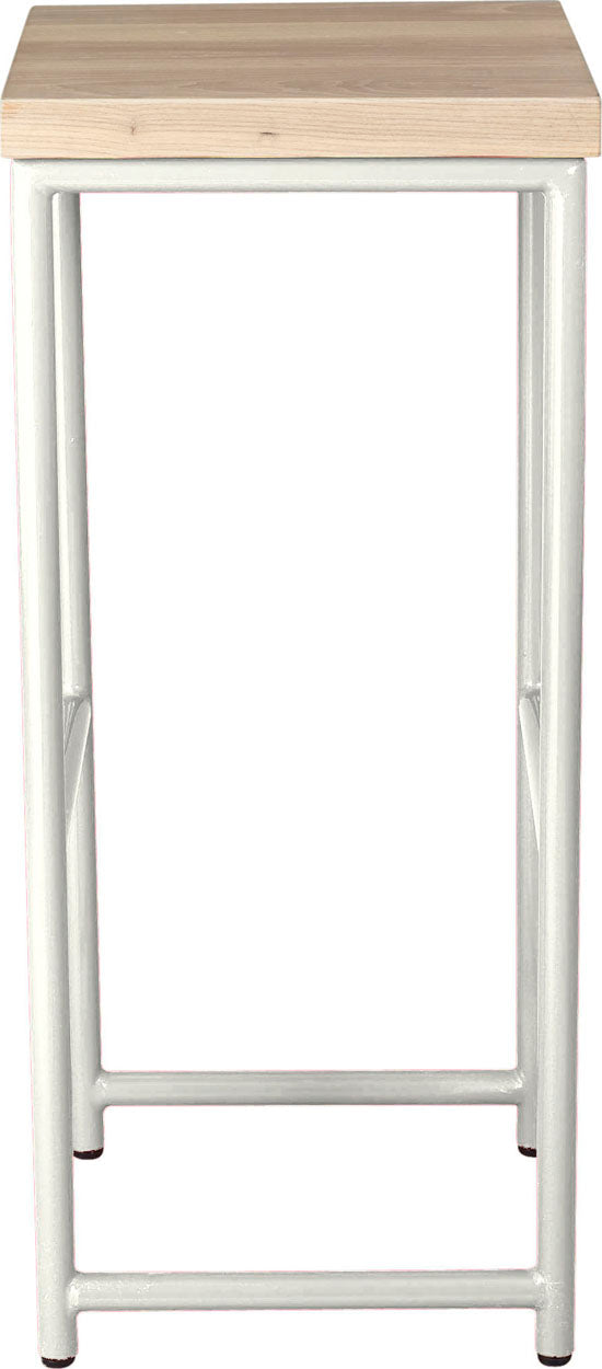 Gloss white metal stool with whitewash stain ash wood made in UK - side view round frame